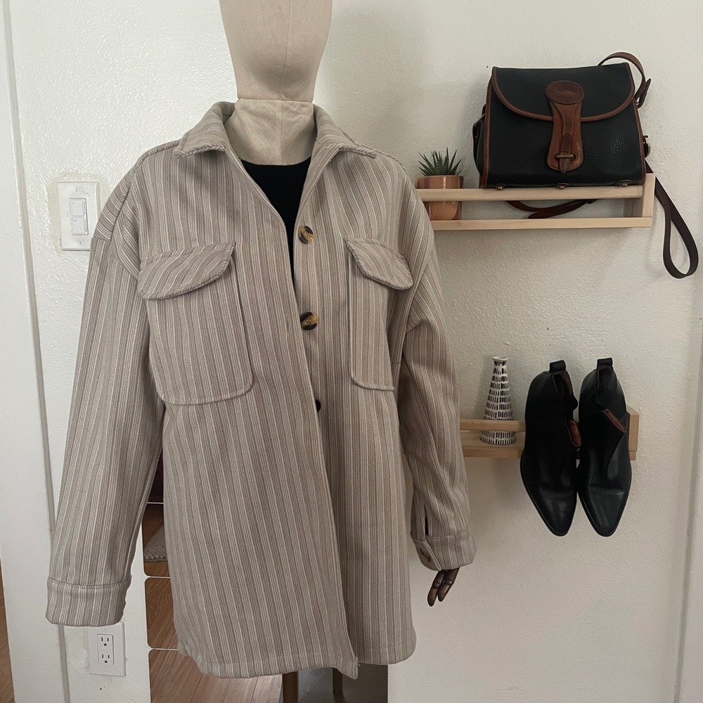 Motel Rocks Oversized Striped Shacket Beige Cream Ribbed Shirt Jacket XS